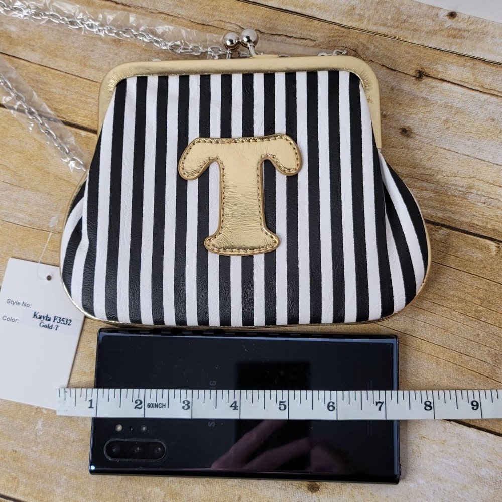 Melie Bianco Personalized Crossbody Bag Handbag Striped with Gold Letter T - Picture 10 of 10